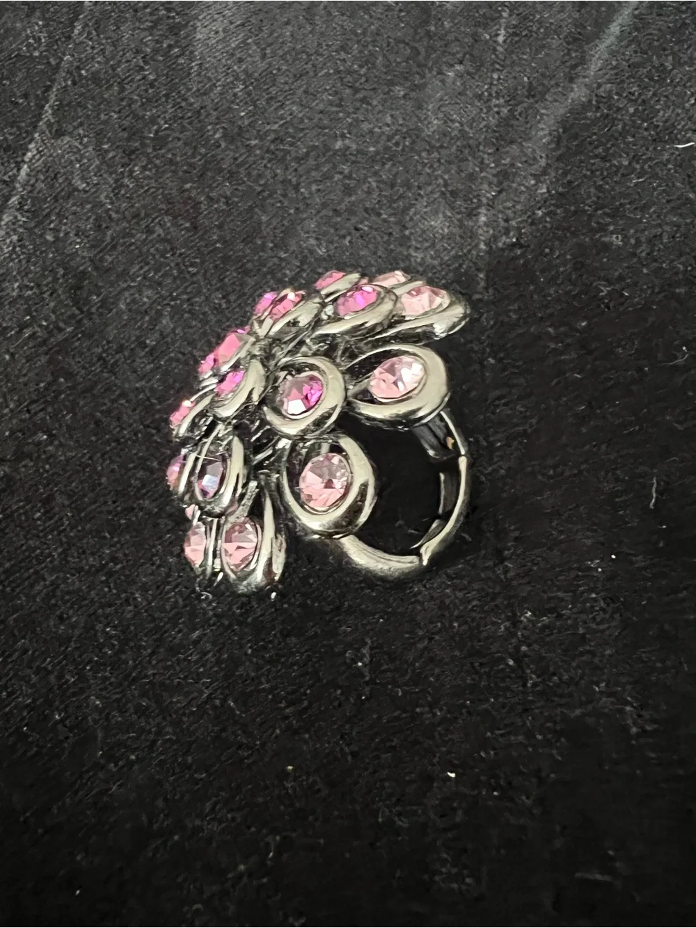 Silver-Tone Pink Crystal Flower Expandable Ring